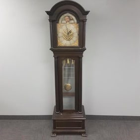 Antique carved walnut grandfather clock with paw feet - movement marked Elite PAA 1/2 Germany with