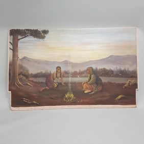 Orla Peters oil painting on board - 1951 - Native American campfire scene from Hot Springs in South