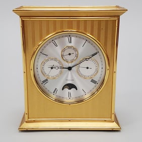 Tiffany & Co. Swiss Jean Joulet brass quartz desk clock with calendar & moon phase - 7" wide x 3 1