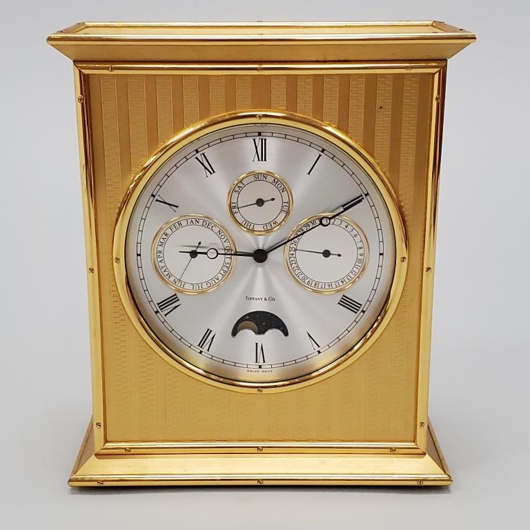 Tiffany & Co. Swiss Jean Joulet brass quartz desk clock with calendar & moon phase - 7" wide x 3 1 (1 of 15)