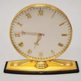 Semca Swiss Art Modern 15 jewel brass desk clock 11 1/2" wide x 10 1/2" high