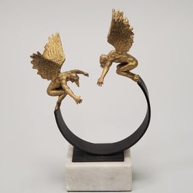 Modern brass & iron figural sculpture on stone base - 7" wide x 11" high