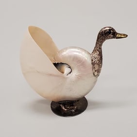 Gabriella Binazzi Italian silverplate nautilus shell duck sculpture with enamel eyes - stamped - 4