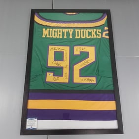 Mighty Ducks framed jersey with 6 autographs & "Ducks Fly Together" saying with Beckett COA - 26