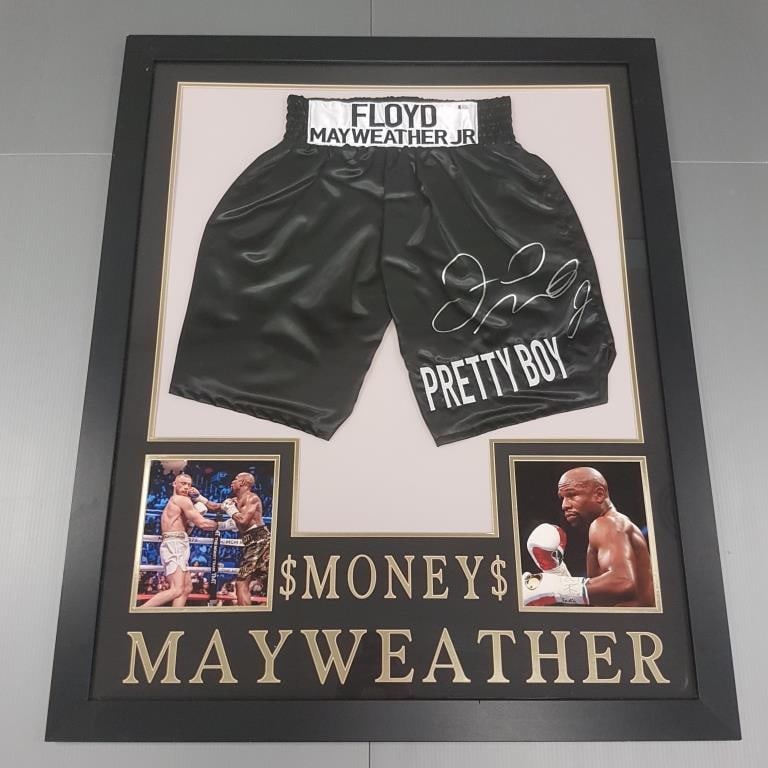 Floyd Mayweather Jr. - Pretty Boy - framed autographed trunks with COA - Beckett - 35 3/4" x 43 1/2": Floyd Mayweather Jr. - Pretty Boy - framed autographed trunks with COA - Beckett - 35 3/4" x 43 1/2" O.D.