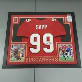 Warren Sapp, Tampa Bay Buccaneers, framed autographed jersey with COA - JSA - 43 1/2" x 35 1/2" O.D.