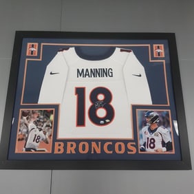 Peyton Manning, Denver Broncos, framed autographed jersey with Fanatics hologram - 43 1/2" x 35 3/4"