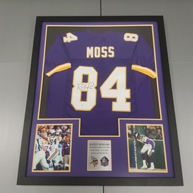 Randy Moss, Minnesota Vikings, framed autographed jersey with Beckett hologram - 35" x 43" O.D.