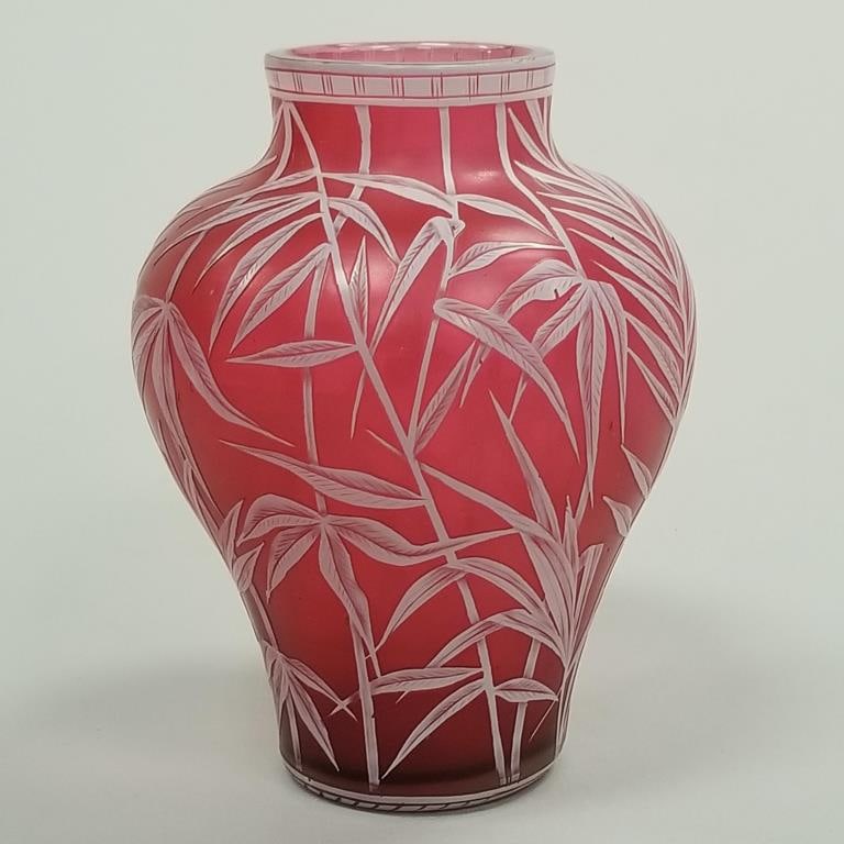Antique Webb cameo oriental cranberry art glass vase with white cut cameo bamboo - oriental design - (1 of 8)