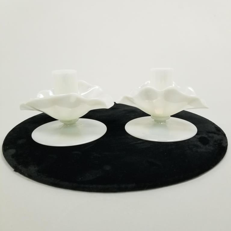 Pair Steuben Ivrene art glass candlesticks - 5" wide x 3 1/4" high (1 of 10)