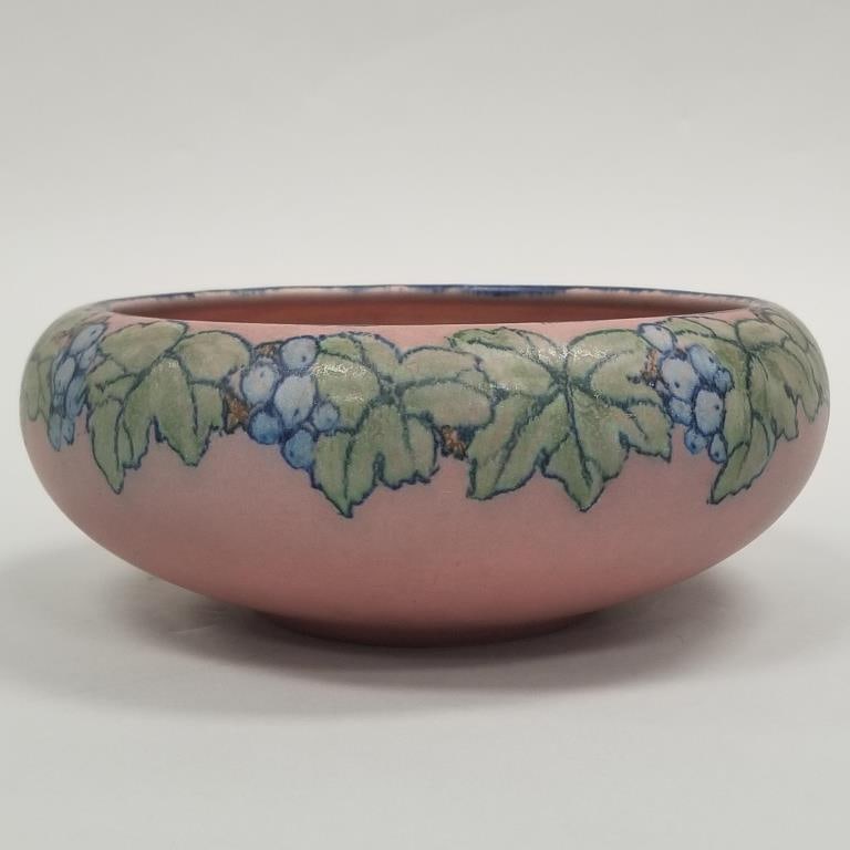 Rookwood decorated velum bowl w/ flowers - Katherine Jones - 1920 - 9 1/2" diameter x 3 3/4" high: Rookwood decorated velum bowl w/ flowers - Katherine Jones - 1920 - 9 1/2" diameter x 3 3/4" high