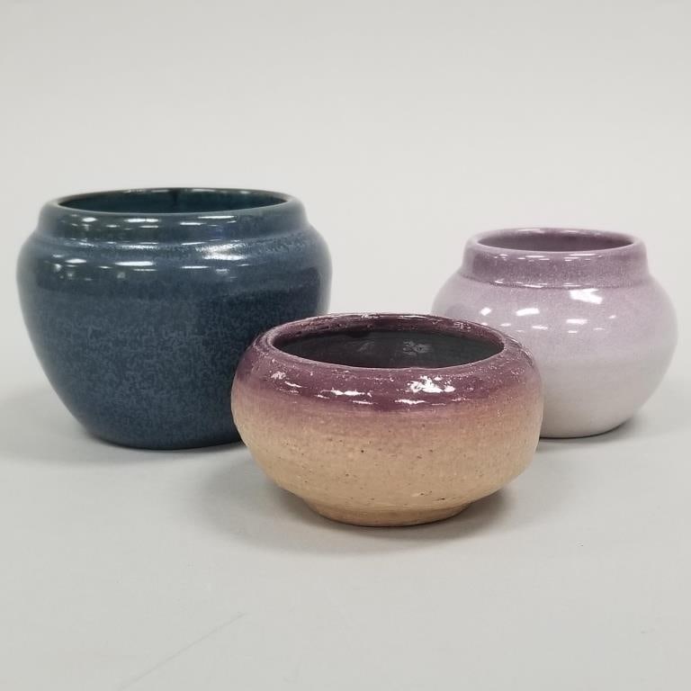 3 University of North Dakota School of Mines cabinet vases - all signed JM (Julie Mattson) - 4": 3 University of North Dakota School of Mines cabinet vases - all signed JM (Julie Mattson) - 4" diam. x 3" tall largest