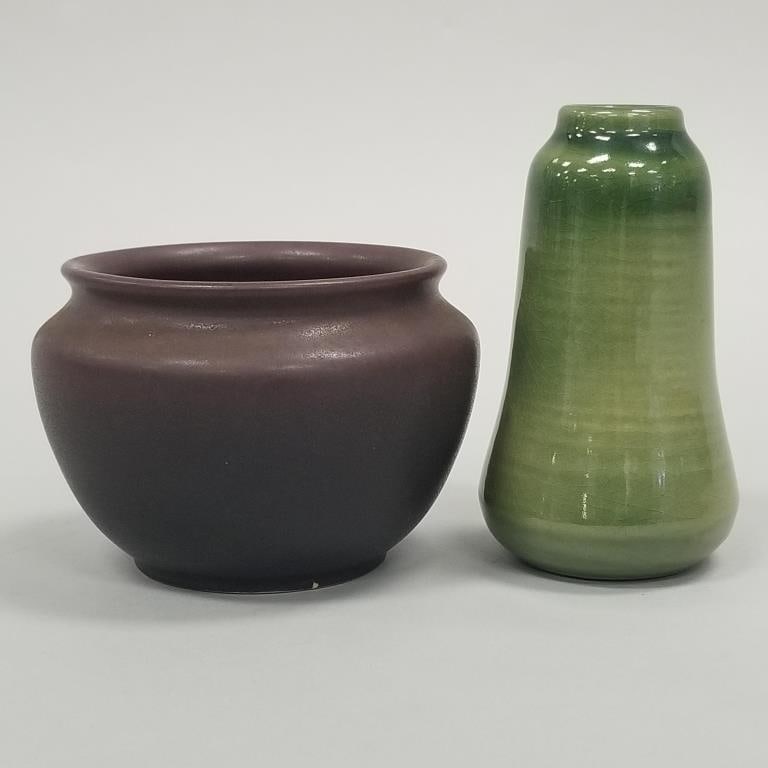 2 University of North Dakota School of Mines cabinet vases - Florence Huck #3972 - 4 3/4" high &: 2 University of North Dakota School of Mines cabinet vases - Florence Huck #3972 - 4 3/4" high & plum colored vase - 3 1/4" high