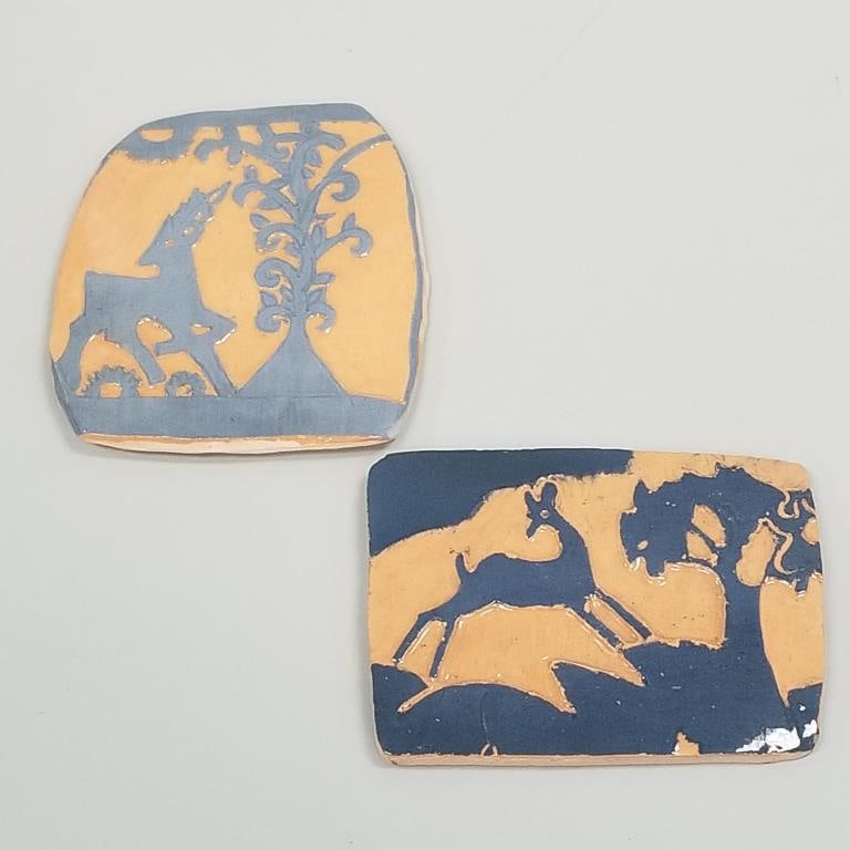 2 carved deer motif pottery slabs from Margaret Cable estate - 4 1/2" x 5 1/4" largest (1 of 10)