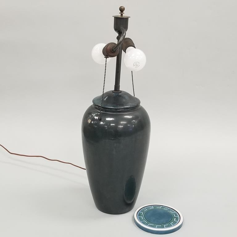 Saturday Evening Girls - Paul Revere Pottery attribution: lamp - unsigned - 24" overall height &: Saturday Evening Girls - Paul Revere Pottery attribution: lamp- unsigned - 24" overall height (drilled on bottom & cord hole on side) & decorated trivet - marked T.106 - 5 3/4" diameter