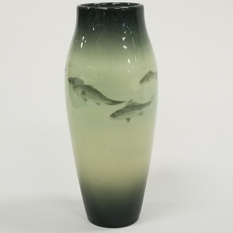 Rookwood vellum pottery vase Sally Coyne - fish (as seen - hole on side & bottom) - 9 1/2" high: Rookwood vellum pottery vase Sally Coyne - fish (as seen - hole on side & bottom) - 9 1/2" high