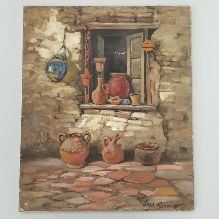 Carl Schmidt signed oil painting on canvas (some paint loss & corner wear) 20" x 24" O.D. (1 of 9)