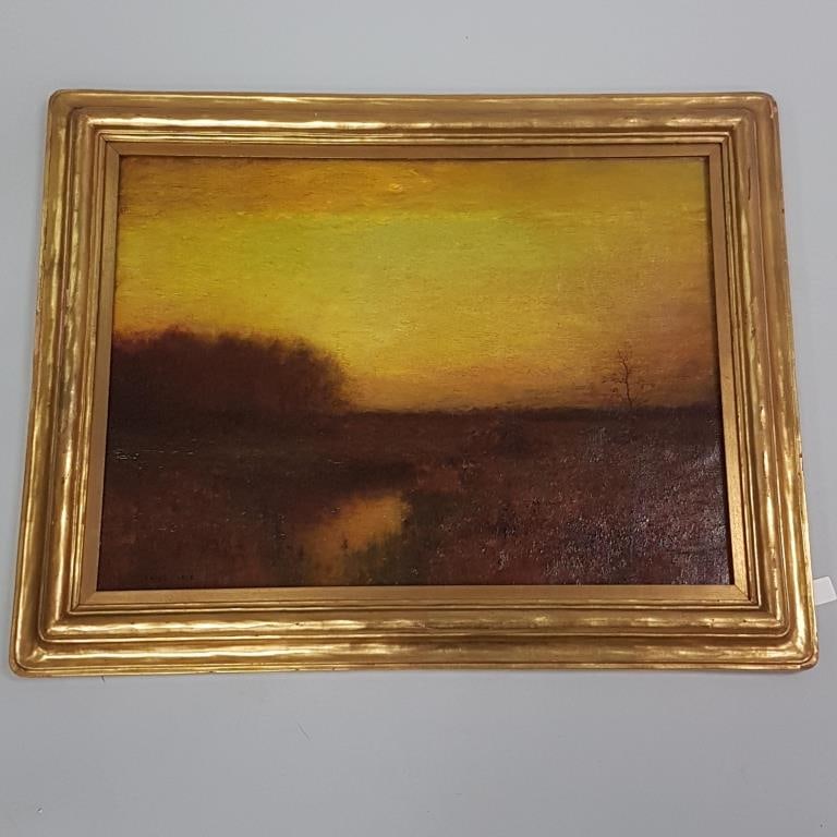 Bruce Crane framed signed oil painting on canvas "Evening Glow" with J. Assenheim & Son - New York: Bruce Crane framed signed oil painting on canvas "Evening Glow" with J. Assenheim & Son - New York label - relined - 17" x 23" canvas size; 22 1/4" x 28 1/4" O.D.