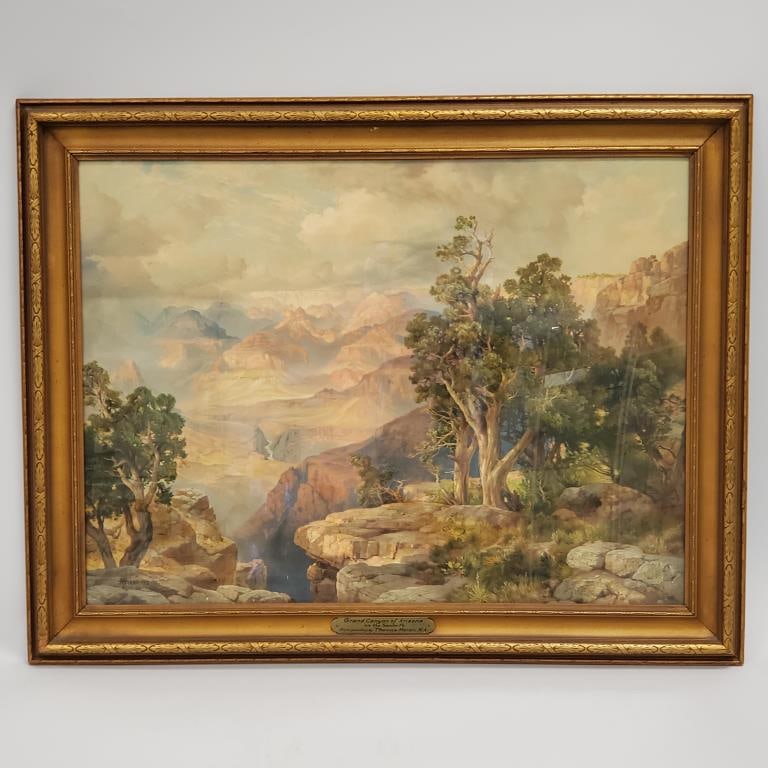 Thomas Moran framed print "Grand Canyon of Arizona in the Santa Fe" with brass plaque 32 3/4" x 41: Thomas Moran framed print "Grand Canyon of Arizona in the Santa Fe" with brass plaque 32 3/4" x 41 1/2" O.D.