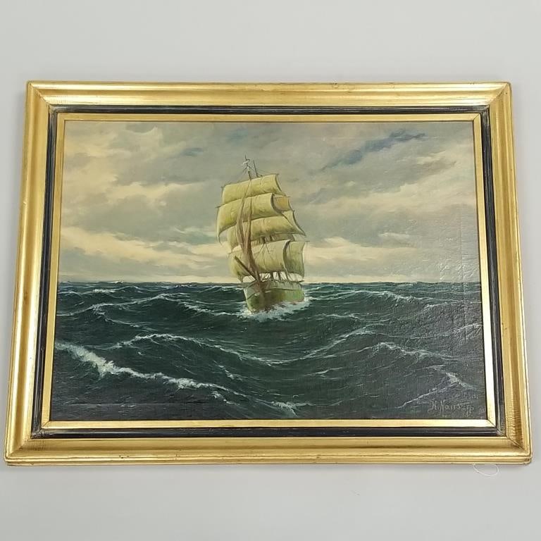 H. Nansen framed signed oil painting on canvas - ship at sea - 36 3/4" x 28 3/4" O.D. (1 of 8)