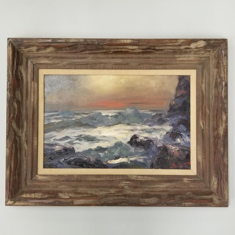 Peter Hamlett framed signed & dated 1966 oil painting on canvas "Edge of Night" 22" x 29" O.D. (1 of 9)