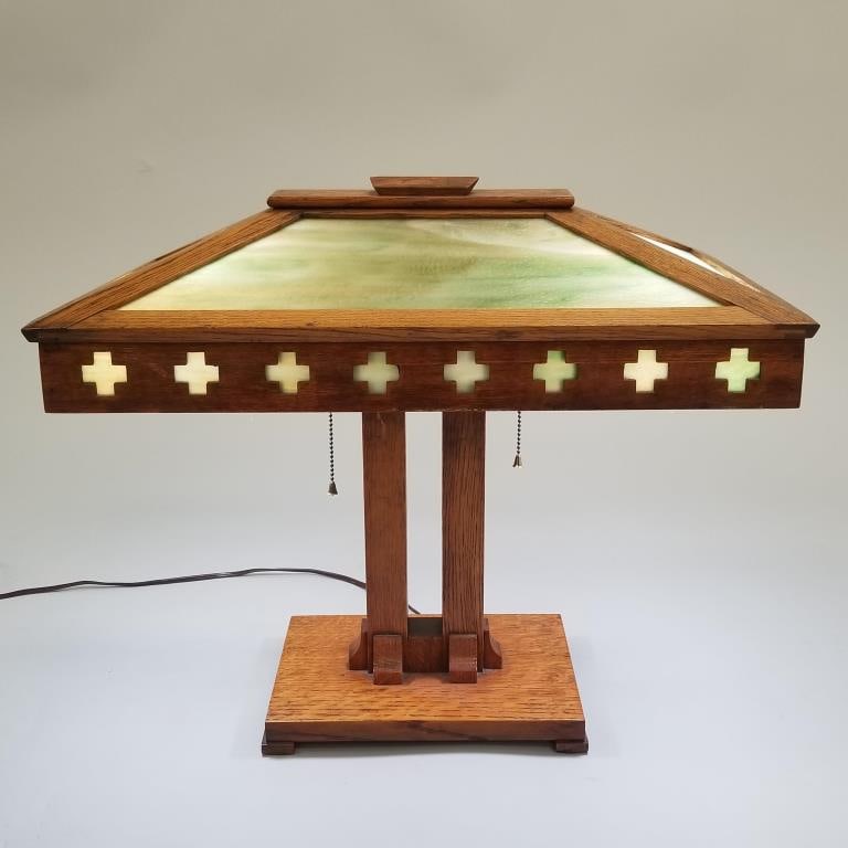 Mission oak double pedestal lamp - Peterson Co. Faribault, MN - 21 3/4" wide x 14" deep x 19" high (1 of 20)