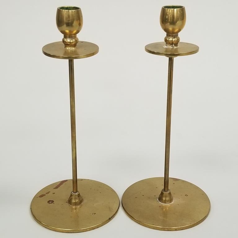 Pair of brass Arts & Crafts candlesticks (as seen- some oxidation) 11" tall (1 of 12)