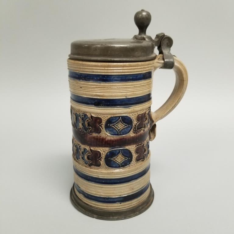 Early stoneware tankard dated 1683 w/ pewter lid (repaired) & pewter foot rim- 8 1/4"T (hairline in (1 of 11)