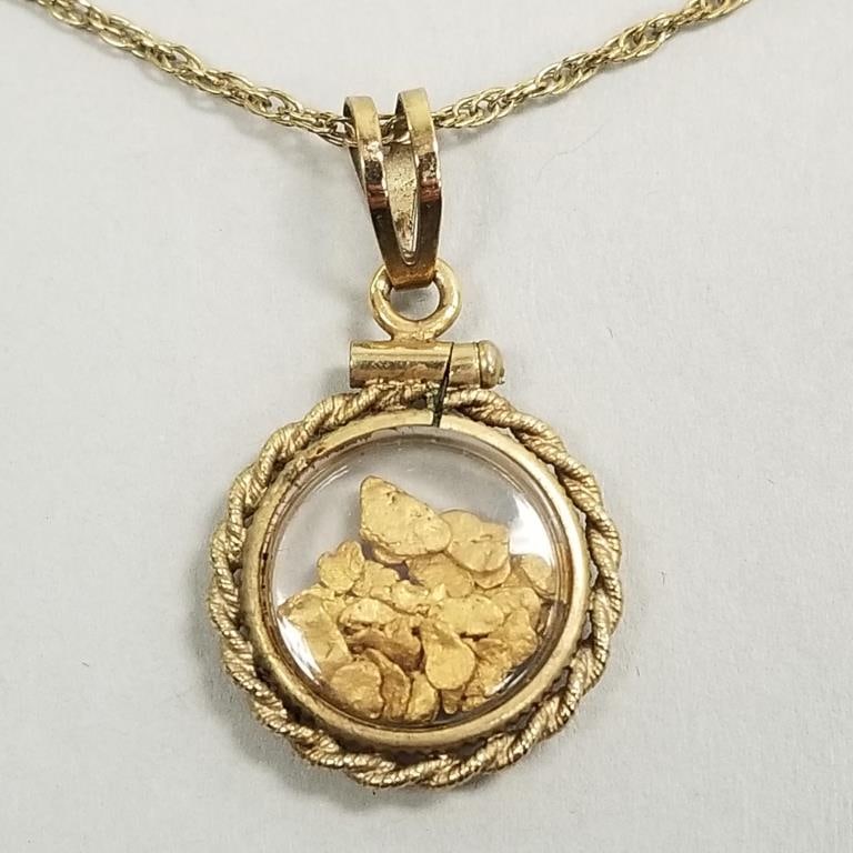 Vintage gold filled locket with gold nuggets on gold filled chain - 24" chain; locket: 5/8" diameter (1 of 11)