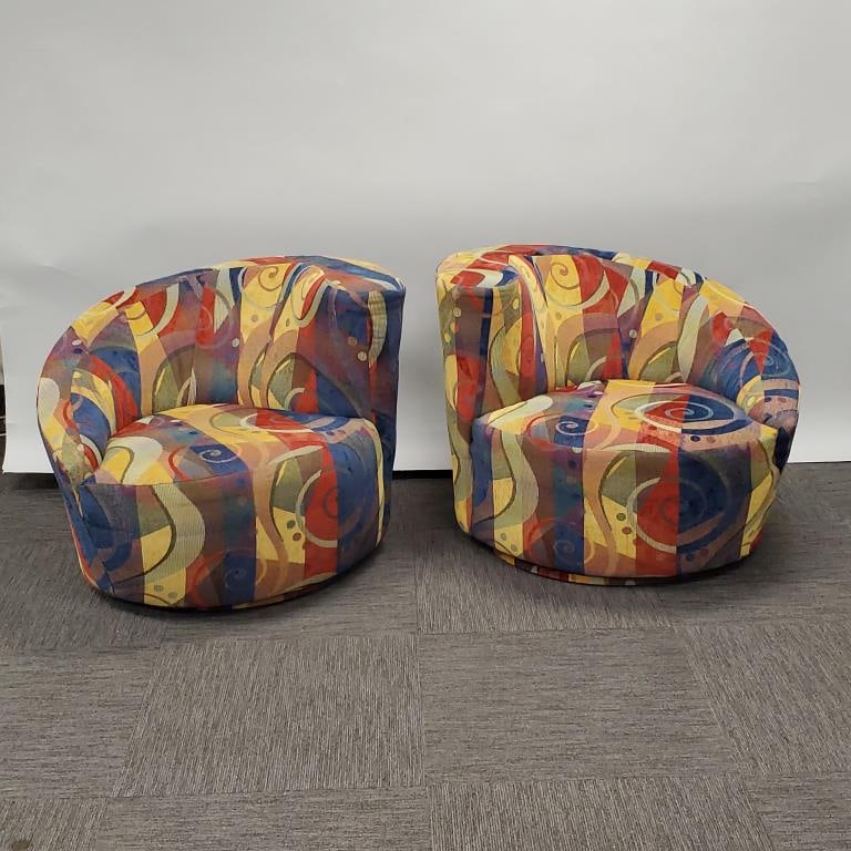 Pair Guild Craft of California post-modern upholstered nautilus chairs (minor stains) - 30" tall: Pair Guild Craft of California post-modern upholstered nautilus chairs (minor stains) - 30" tall