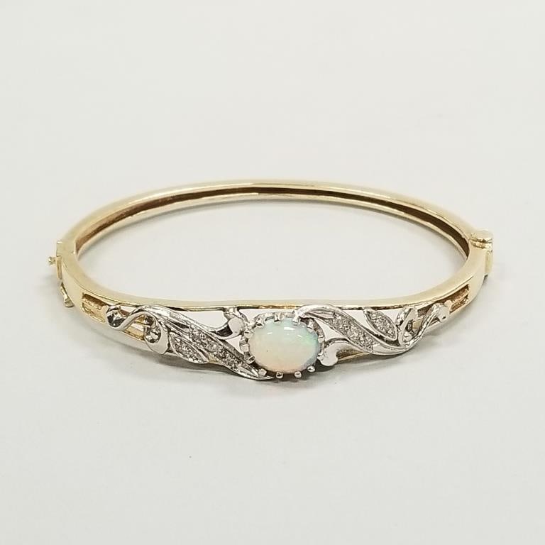 14k gold opal & diamond hinged bangle bracelet: 14.8 grams, opal 7.5 x 10mm; 6 3/4" interior (1 of 12)