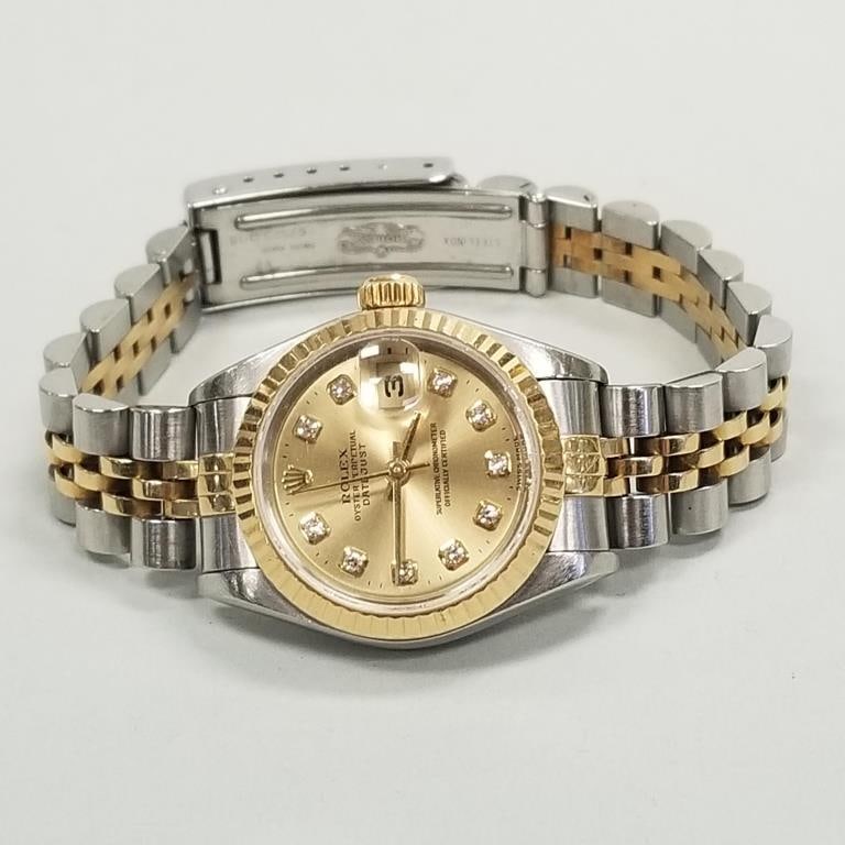 Rolex ladies Date Just stainless & gold watch with diamond marker dial, model #69173; serial (1 of 15)