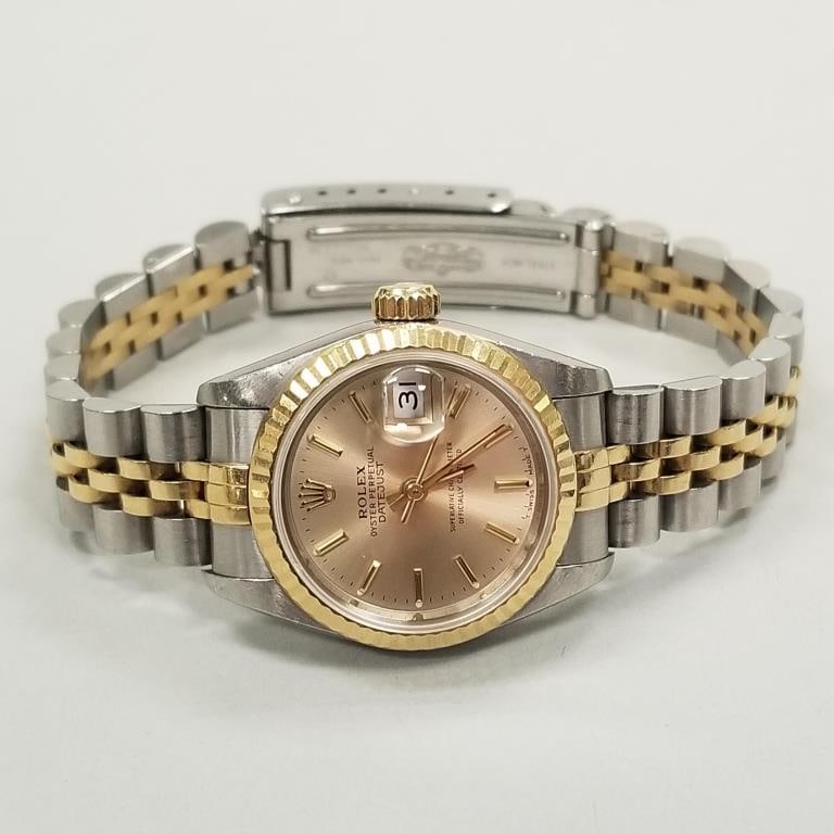 Rolex ladies Date Just stainless & gold watch with champagne colored dial; model #69173; serial: Rolex ladies Date Just stainless & gold watch with champagne colored dial; model #69173; serial #S160413
