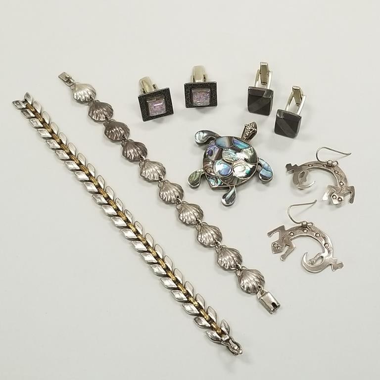 6 pieces of sterling silver jewelry including Taxco, abalone inlay, etc. - bracelets 7" long (1 of 15)