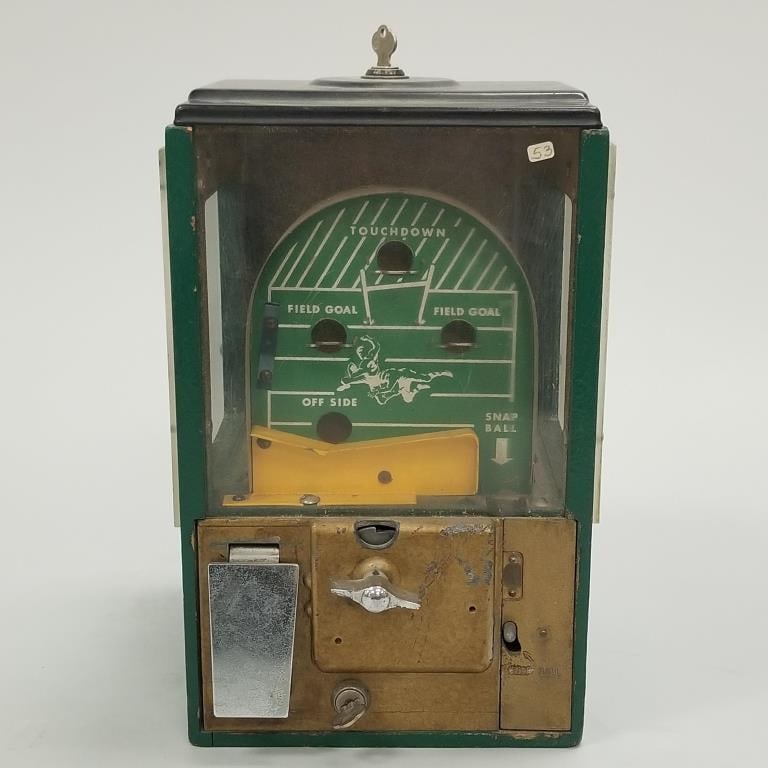 Victor coin-op football trade stimulator, c. 1940 with key 14" high x 9" x 9": Victor coin-op football trade stimulator, c. 1940 with key 14" high x 9" x 9"