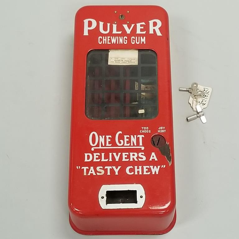 "Pulver Chewing Gum" red wall mounted gum vending machine with key 21" x 8 1/2" x 4 1/2" & Policeman (1 of 6)