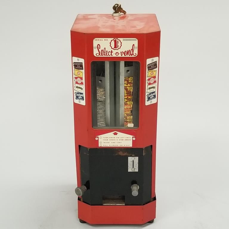1 cent Select-O-Vend Tab Gum vending machine, 1940's with key - 18" tall (1 of 9)