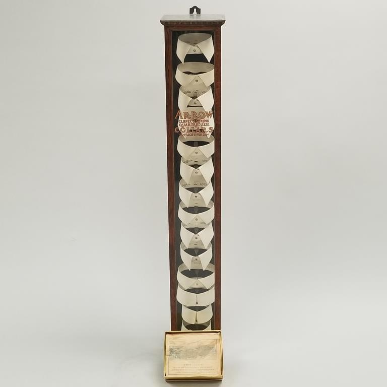 Antique Arrow Collars tall display case - oak with collars & original decal - 7 1/2" x 50 1/2" tall (1 of 16)