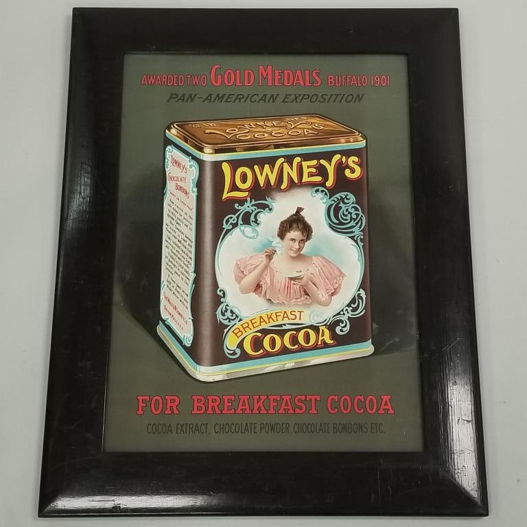 Antique Lowney's Cocoa sign paper litho under glass in original frame -c. 1901 - 21" x 27 1/2" (1 of 5)