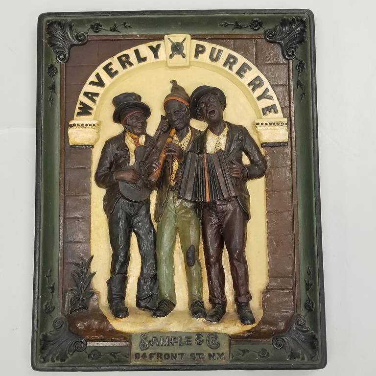 Antique Waverly Pure Rye embossed plaster sign - musicians with instruments - c. 1890 (some paint (1 of 10)
