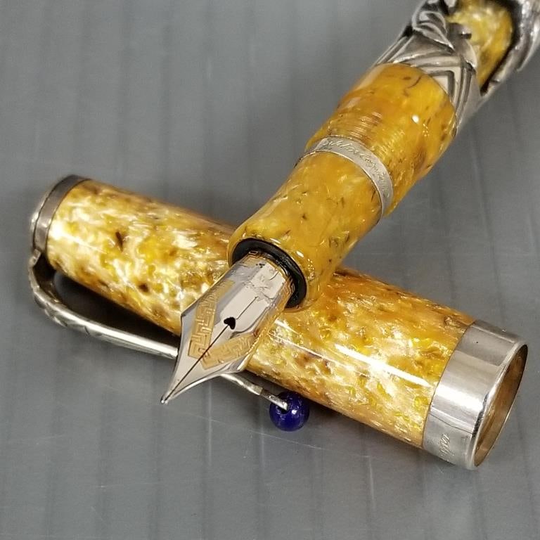 Montegrappa 1912 Oriental Zodiac Collection 2002 Boar fountain pen: sterling silver overlay on amber (1 of 18)