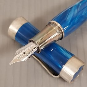 Montegrappa Italia fountain pen: sterling silver & marbled blue color w/ 18k gold nib, #15/20 w/ 1