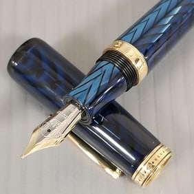 Krone Amelia Earhart Magnum fountain pen: 18k rose gold, slate blue & black herringbone resin w/ 18k