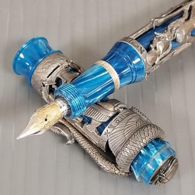 Montegrappa 1912 Luxor fountain pen: sterling silver, blue resin, & sapphires w/ 18k gold nib,