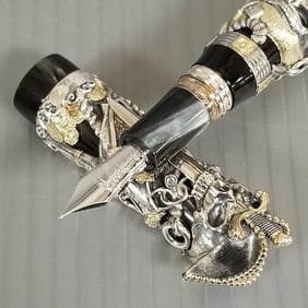 Montegrappa Cult Pirates fountain pen: sterling silver & black marbled resin w/ 18k gold nib,