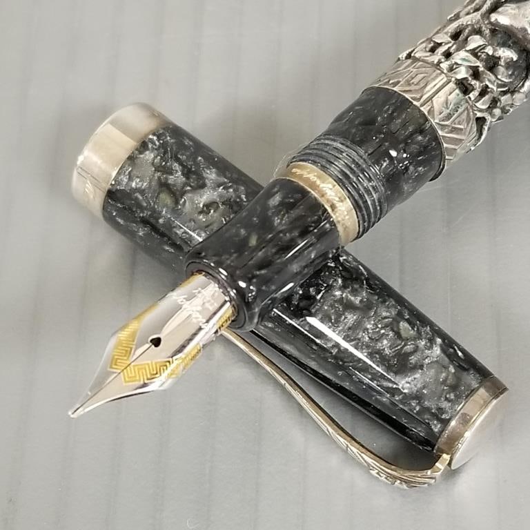 Montegrappa 1912 Oriental Zodiac Collection 2004 rat fountain pen: sterling silver & black marbled (1 of 18)