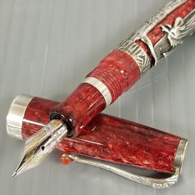 Montegrappa 1912 Oriental Zodiac Collection 2004 rooster fountain pen: sterling silver & red marbled