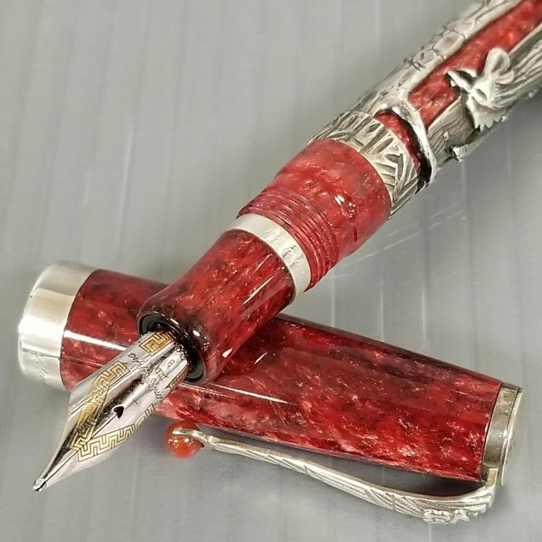 Montegrappa 1912 Oriental Zodiac Collection 2004 rooster fountain pen: sterling silver & red marbled (1 of 17)