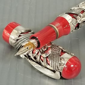 Montegrappa Eternal Bird 2005 fountain pen: sterling silver & red marbled resin w/ 18k gold nib,