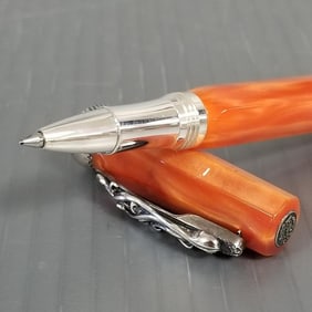 Montegrappa 1912 Micra rollerball pen: sterling silver, marbled orange resin, & art nouveau style